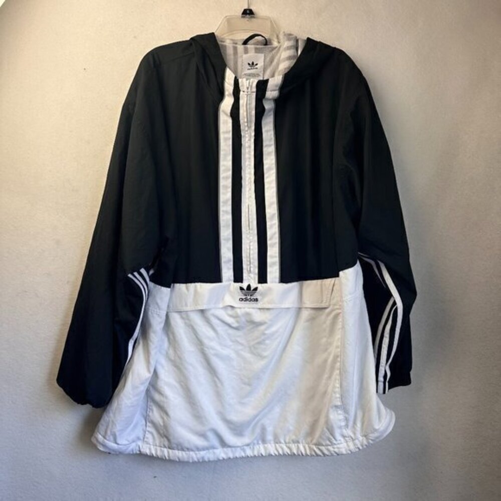 Adidas Jacket Mens 2XL Nylon Windbreaker Black White Half Zip vented rain hooded